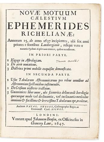 Duret, Noël (1590-1650) Novae Motuum Caelestium Ephemerides Richelianae.